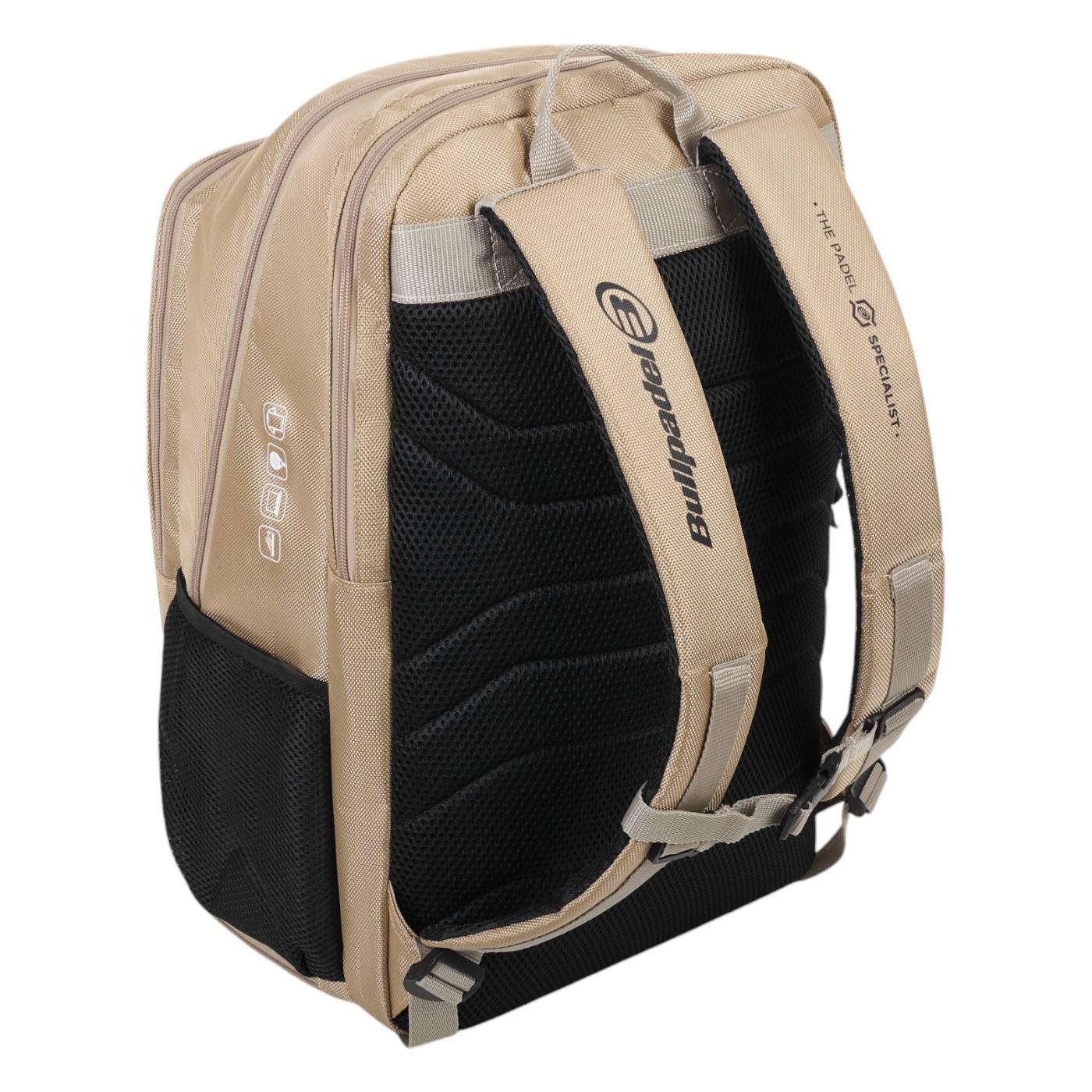 The Bullpadel Vertex 25 Padel Backpack in Stone features beige technical design with black mesh padding, adjustable straps, embroidered logos, a reinforced thermo-lined compartment, and multiple sections for versatile storage.