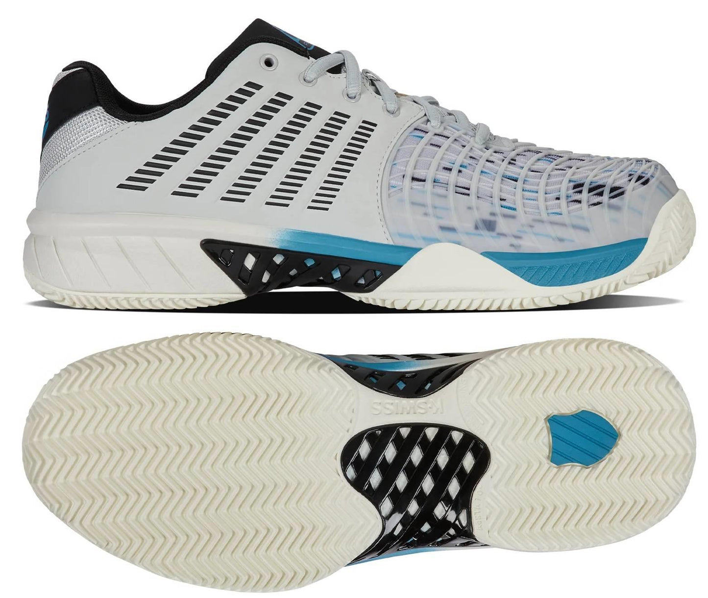 K-Swiss Express Light 3 Men’s Padel Shoes in Dawn Blue/Blue Moon/Black feature a white and blue scheme with black striped patterns, DuraWrap Flex technology, and an HB Outsole for excellent grip. Side and sole views are highlighted for detailed inspection.