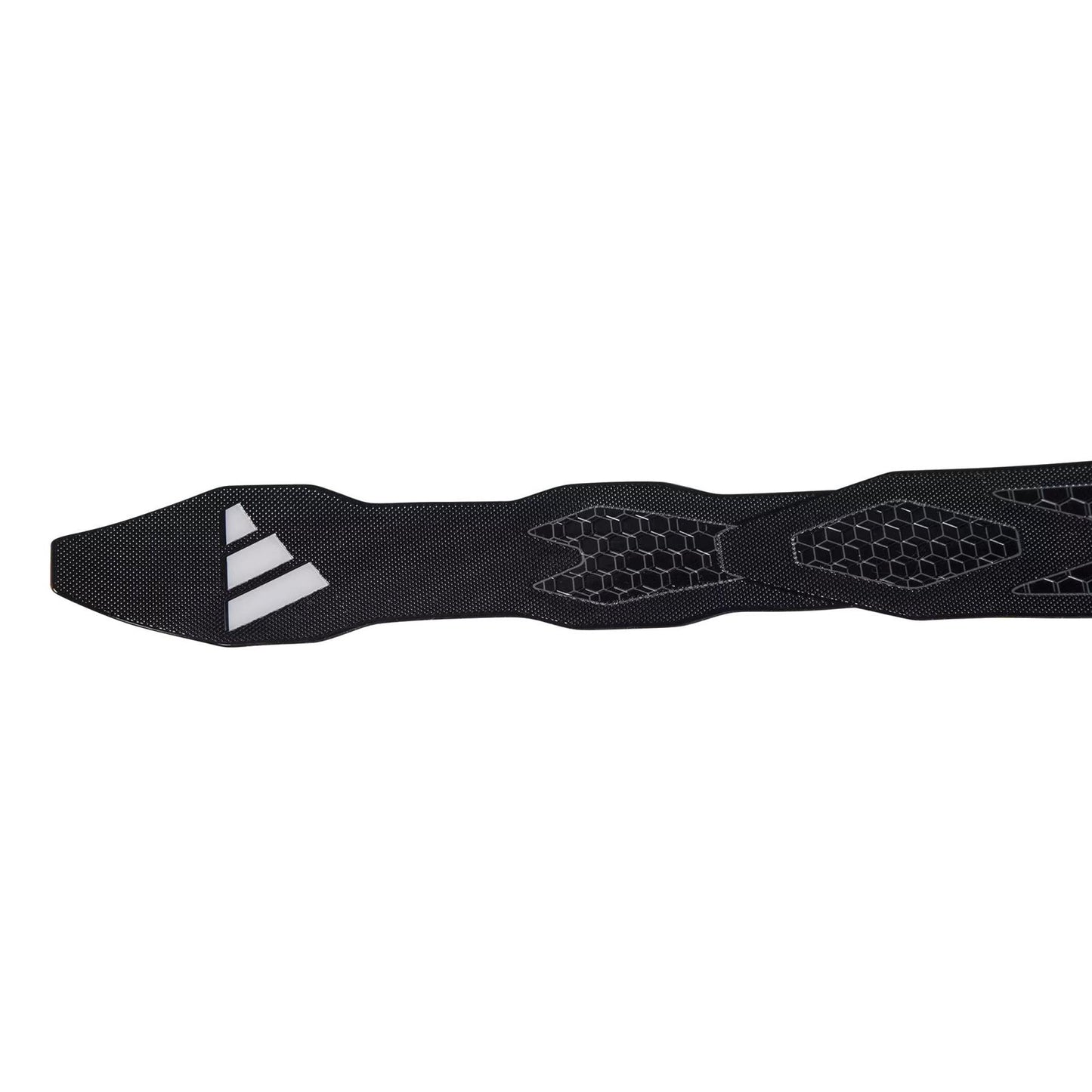A close-up of the ADIDAS Antishock Padel Racket Protector Tape in black shows a high-quality strap featuring the adidas logo and three iconic white diagonal stripes. The honeycomb texture highlights its quality and design.