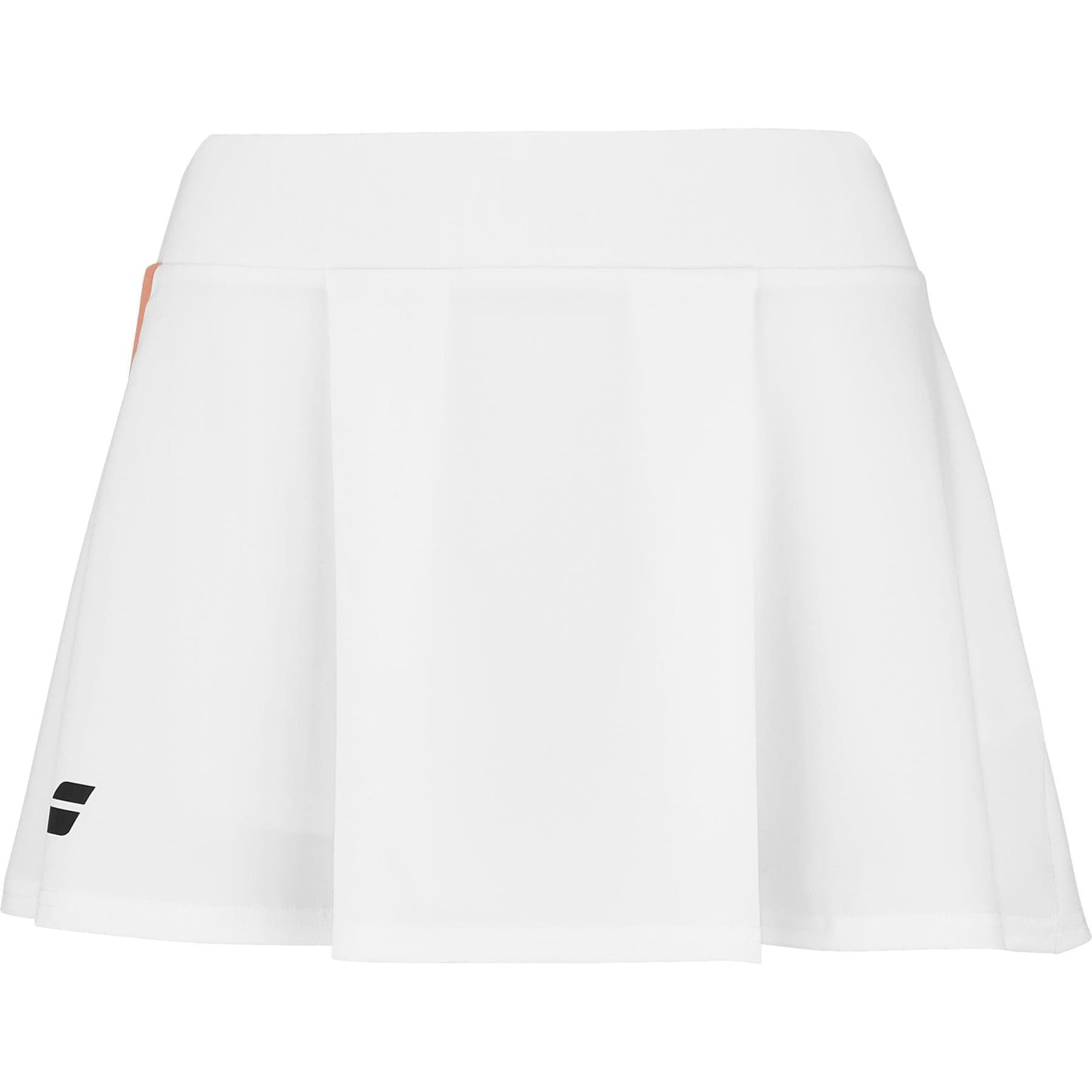 The Babolat Play Women's Padel Skirt in white and orange features a wide waistband, a small black logo on the bottom left, and is crafted from recycled polyester. Designed with Babolat's 360 Motion philosophy, it's perfect for enhanced performance in athletic play.