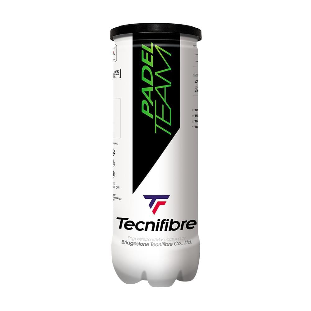 A cylindrical can of Tecnifibre Padel Team Padel Balls - 3 Ball Tube features a sleek white and black design with a green "PADEL TEAM" label like the Padel Tour, topped with the iconic Tecnifibre logo.