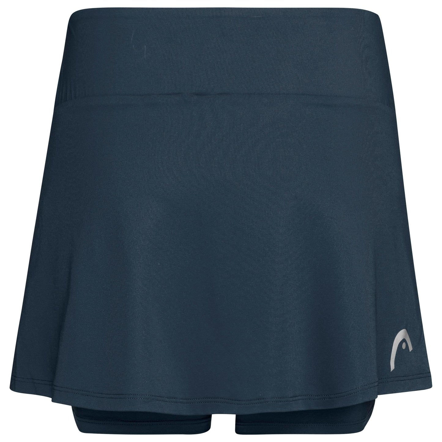 The HEAD Women's Club Basic Padel Skort in navy features a smooth fabric with Moisture Transfer Microfibre, a wide waistband, integrated shorts, and a small white logo on the lower right side, making it ideal for women's padel matches.