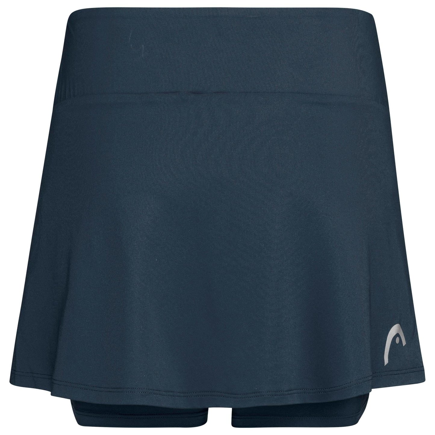 The HEAD Women's Club Basic Padel Skort in navy features a smooth fabric with Moisture Transfer Microfibre, a wide waistband, integrated shorts, and a small white logo on the lower right side, making it ideal for women's padel matches.