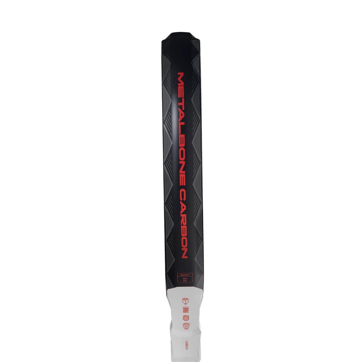 Highlighting the sleek craftsmanship of the ADIDAS Metalbone Carbon 3.4 Padel Racket, its black and white handle showcases red text, ideal for advanced players. The design features a modern textured pattern that embodies adidas's innovative spirit.