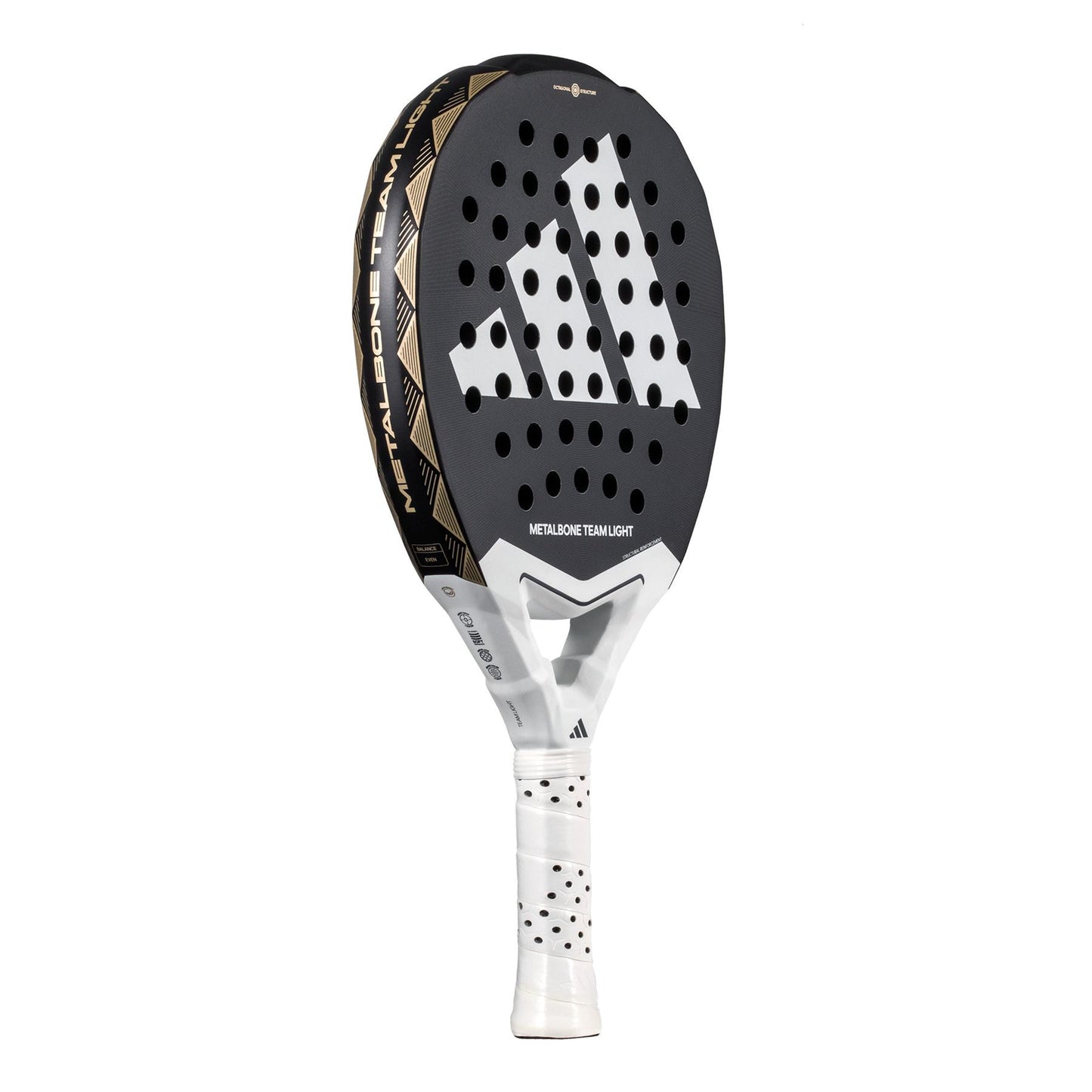 The ADIDAS Metalbone Team Light 3.4 Padel Racket by adidas, in black and white, features a geometric pattern with diagonal white stripes at its center. Designed for advanced players, it has a lightweight build and a white grip with black polka dots, making it an exceptional choice.