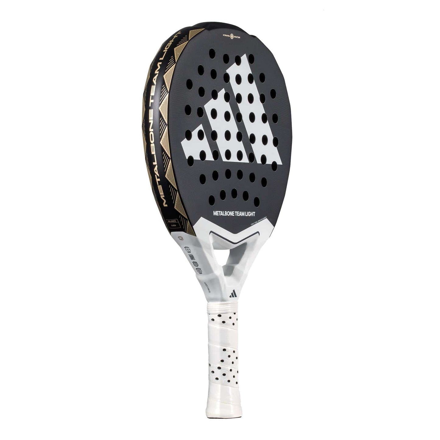 The ADIDAS Metalbone Team Light 3.4 Padel Racket by adidas, in black and white, features a geometric pattern with diagonal white stripes at its center. Designed for advanced players, it has a lightweight build and a white grip with black polka dots, making it an exceptional choice.