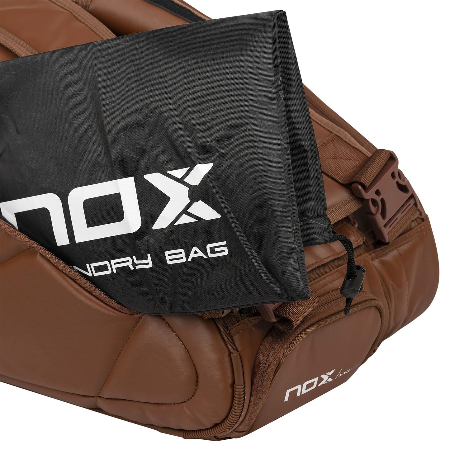 The NOX Pro Series Padel Racket Bag - Camel includes a black NOX-branded laundry bag, partially pulled out from a side zip pocket. Both "NOX" and "LAUNDRY BAG" are printed in white on this accessory.