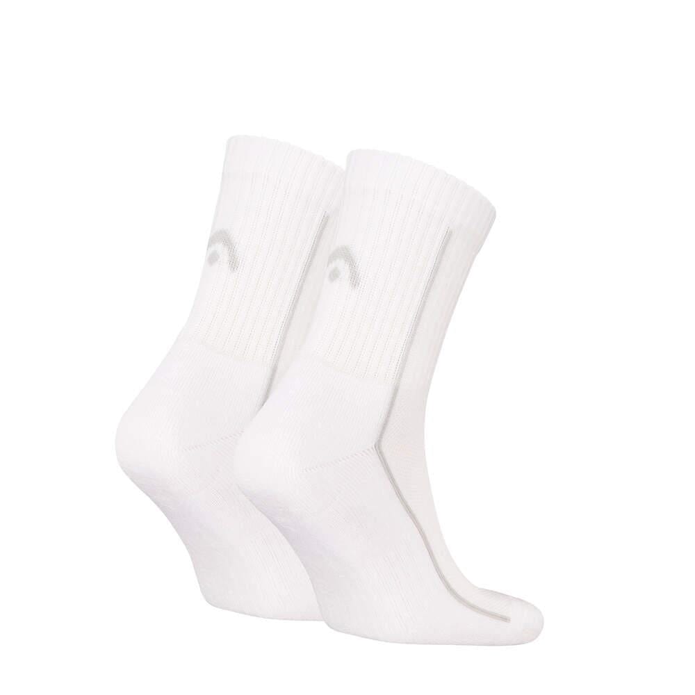 A pair of white HEAD Performance Short Crew Padel Socks (2 Pack) with a subtle logo, ribbed texture around the ankle and foot area, and arch support for comfort is displayed against a plain white background.