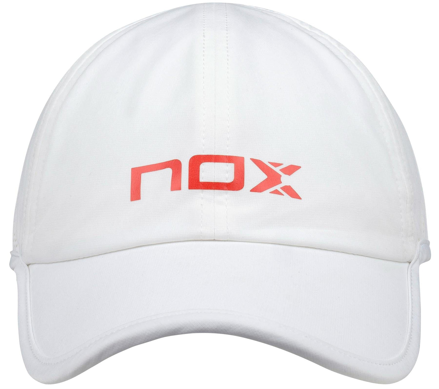 The NOX Padel Cap - White / Red by NOX features bold red “nox” lettering, sun protection, and an adjustable velcro strap for comfort.