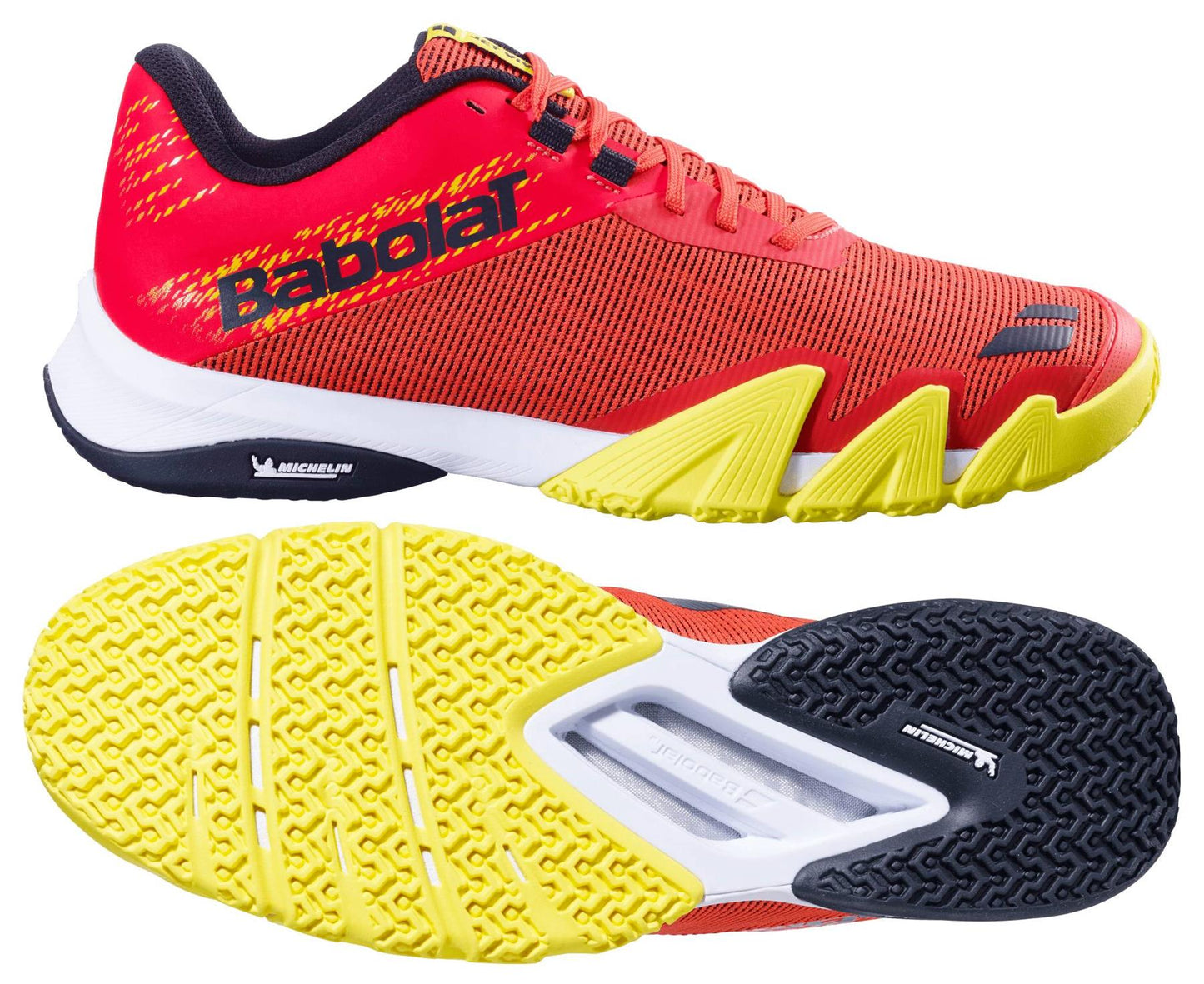 Introducing the Babolat Jet Viva Padel Shoes in Poppy Red with yellow and black accents. Ideal for dynamic performance, they feature "Babolat" on the side and a Michelin-branded sole for exceptional grip.