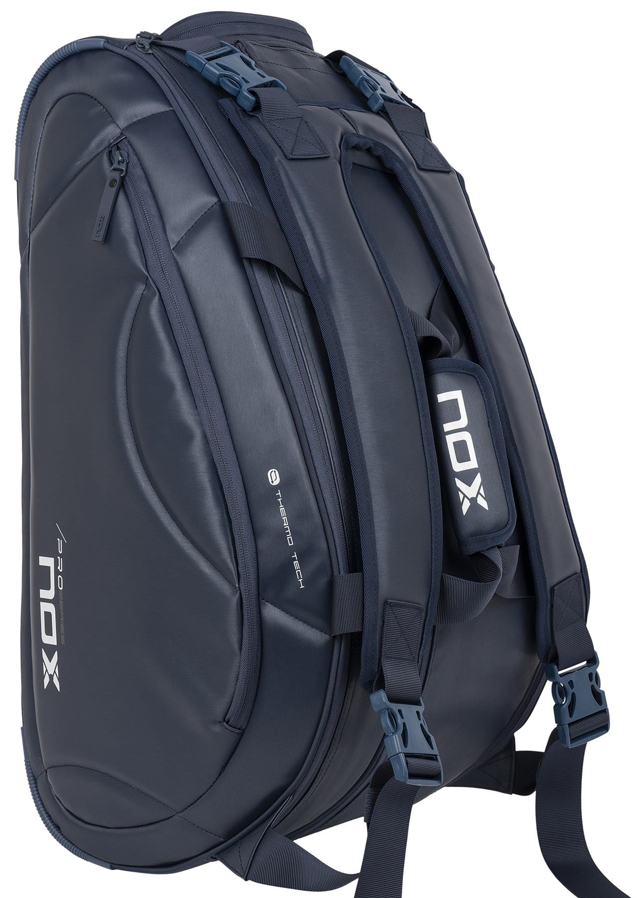The NOX Pro Series Padel Racket Bag - Blue features multiple zippered compartments, padded shoulder straps, and the white NOX logo on the side and straps, combining sporty style with structured functionality.