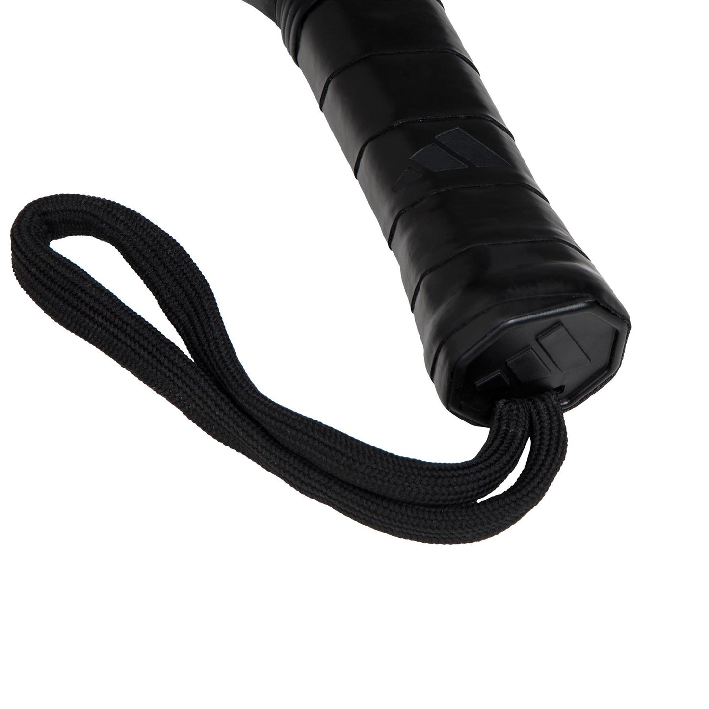 Close-up of the ADIDAS RX Series Lime 3.4 Padel Racket handle in black with textured grip and wrist strap, ideal for intermediate players. It features a subtle logo near the base on a plain white background.