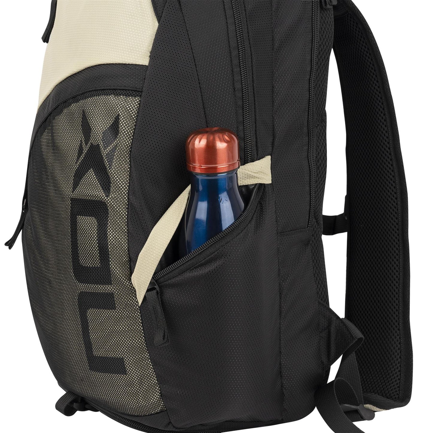 A close-up of a NOX Street Series Padel Racket Bag in black and grey with a mesh side pocket holding a blue water bottle with a copper lid. The bag features adjustable shoulder straps and the NOX logo is visible on the side.