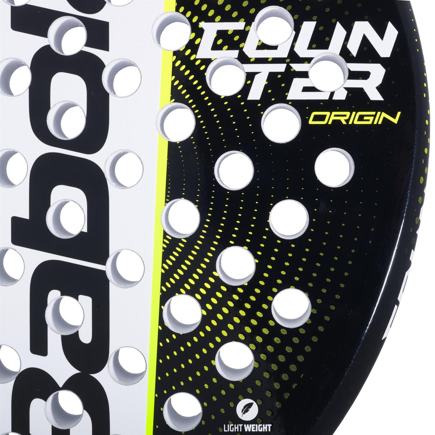 Close-up of the Babolat Counter Origin Padel Racket - Black / Yellow, a control racket for beginner to intermediate players, featuring a black design with yellow accents, circular holes, and "COUNTER ORIGIN" and "LIGHT WEIGHT" text.