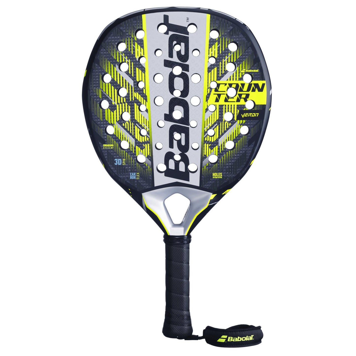 The Babolat Counter Veron 2.5 Padel Racket in black and yellow offers a dynamic power design with multiple face holes, "Babolat" branding, a black grip with branded wrist strap, and is crafted using Carbon Flex technology for enhanced performance.