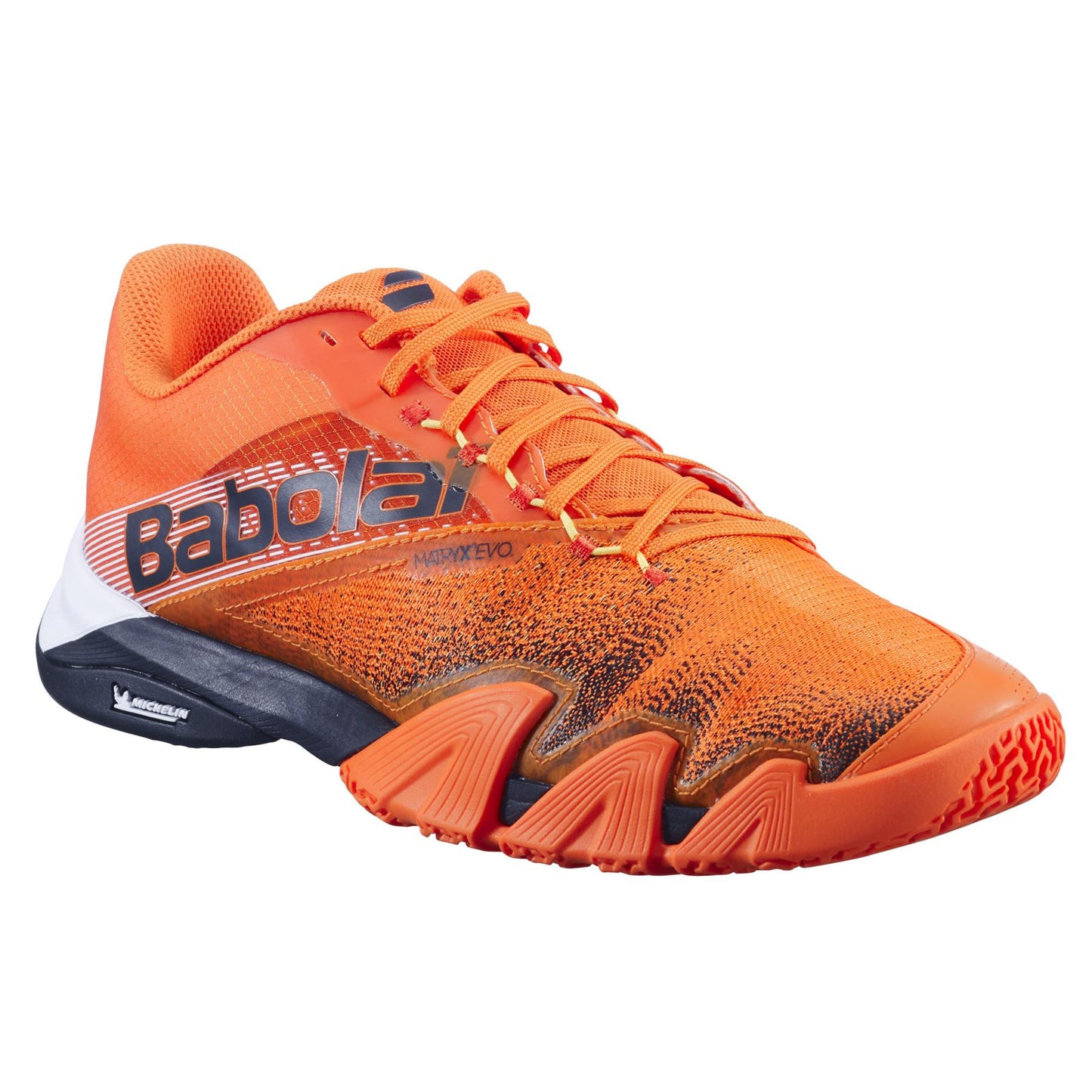 The Babolat Jet Premura 2 Men's Padel Shoes in vibrant orange feature side branding, a mesh texture, black and white accents, Michelin patterned rubber grip sole, and Matryx technology for enhanced performance. They sport orange laces with a sleek, sporty design.