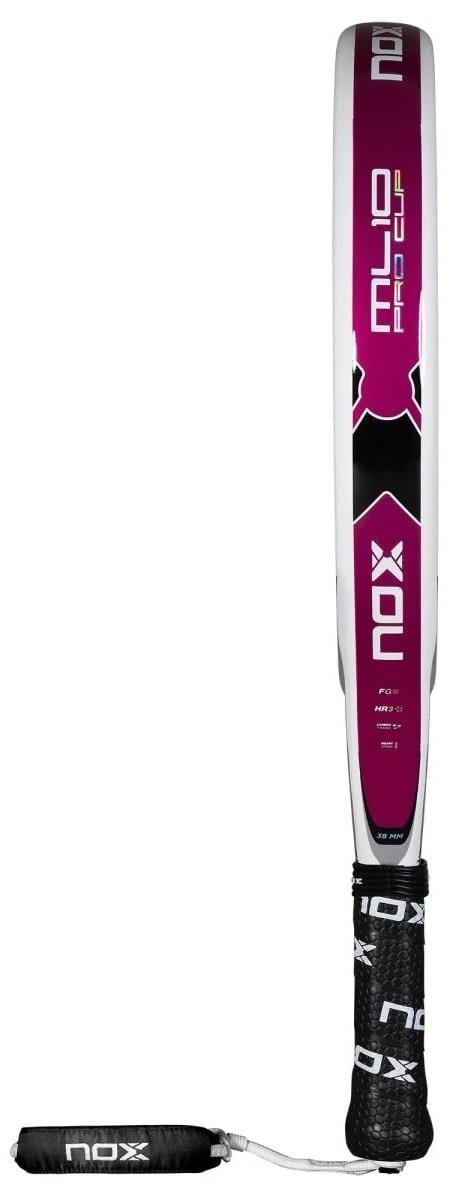 The NOX ML10 Pro Cup Silver By Miguel Lamperti 2025 Padel Racket is shown vertically with a black and pink design, white edges, carbon structure, Smartstrap system, and prominent NOX branding on the frame and handle.