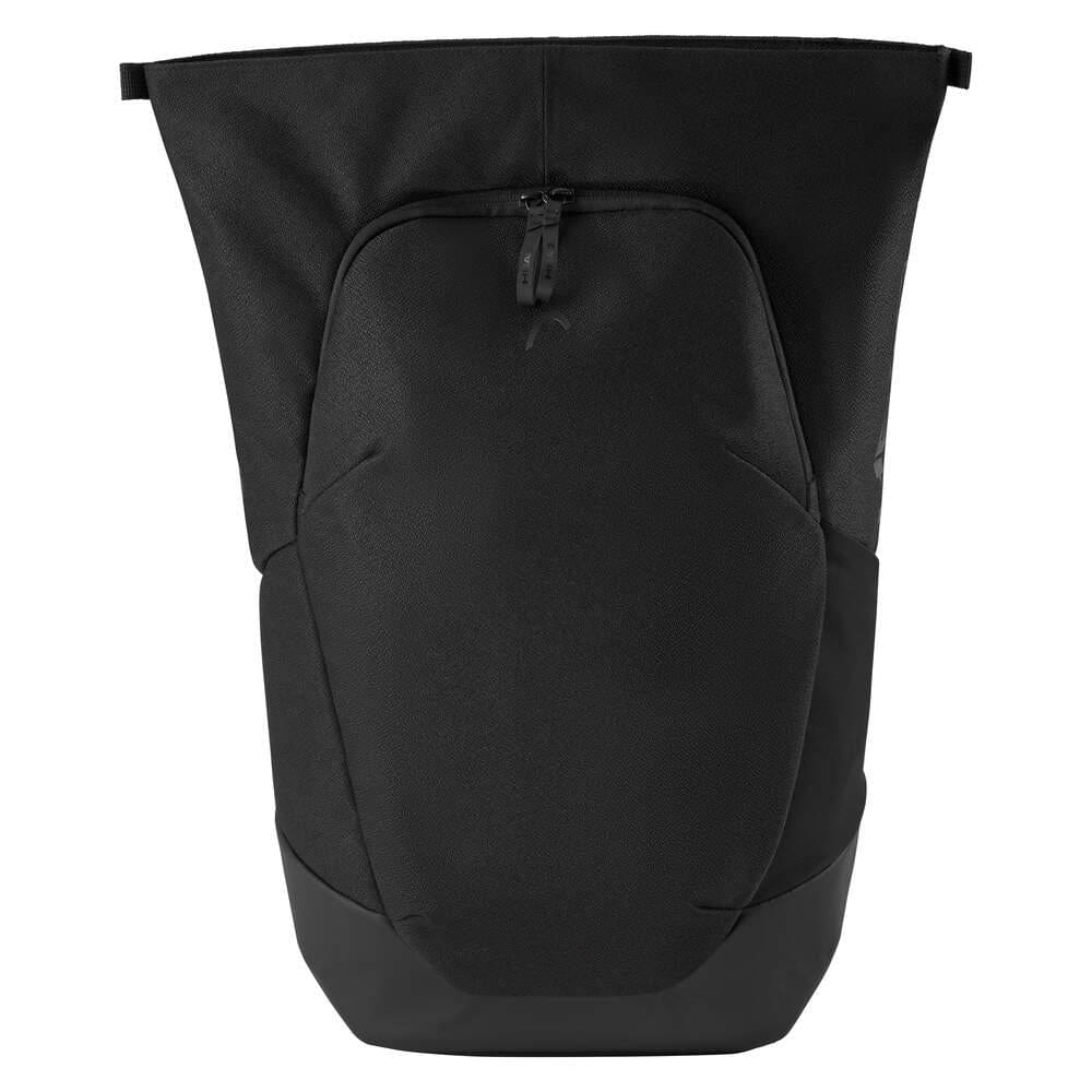 The HEAD Pro X Padel Backpack 25L - Black by HEAD features a minimalist, urban design with a large front zip pocket, top closure, dedicated racket compartment, and durable water-resistant material.