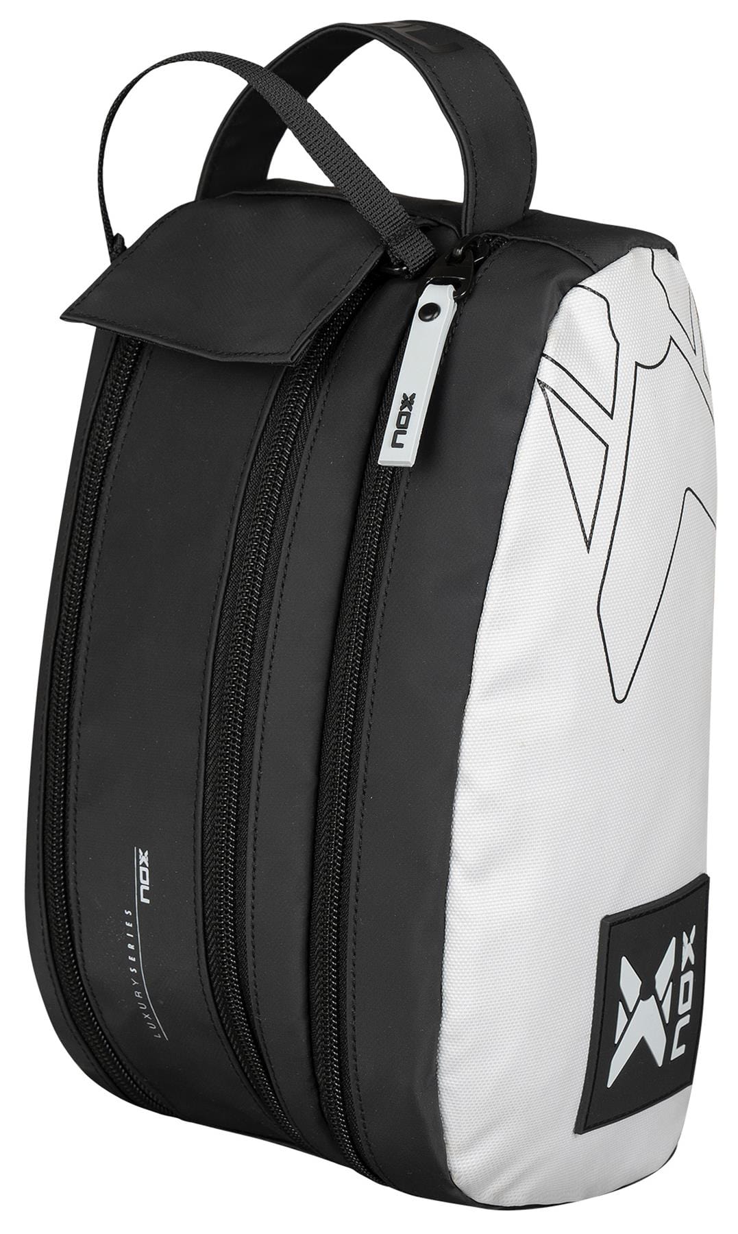 The NOX Luxury Travel Kit Bag – Black/Grey is a versatile organiser with two zippered compartments, top handle, and minimalist NOX logos on the side and front—ideal as a sports shoe bag or travel kit.