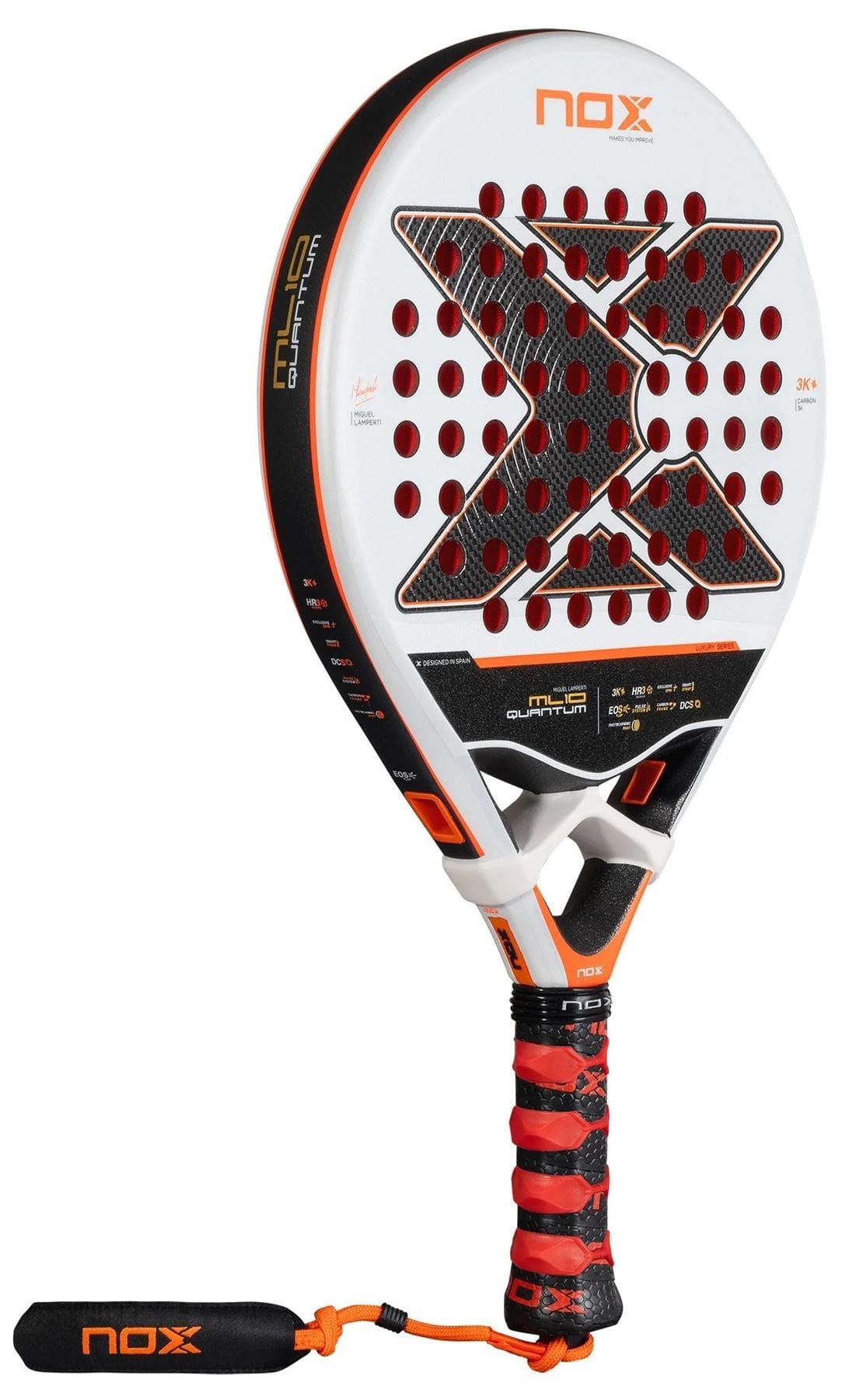 The NOX ML10 Luxury Quantum 3K By Miguel Lamperti 2025 Padel Racket features a bold black and red "X" on white, 3K carbon fibre, perforated holes, orange/black accents, a red, black, and white grip, and a branded wrist strap.