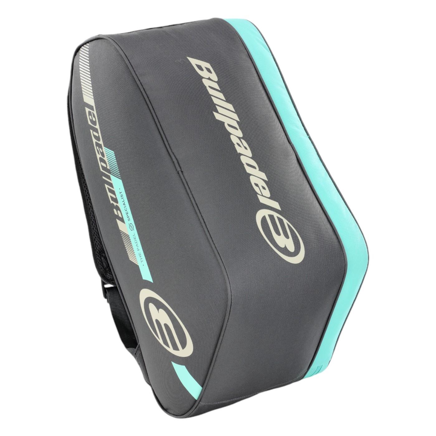 Discover the Bullpadel Tour 25, a grey padel racket bag with a zippered, padded compartment. The brand logo and name in white and turquoise on the side elevate its sporty design.