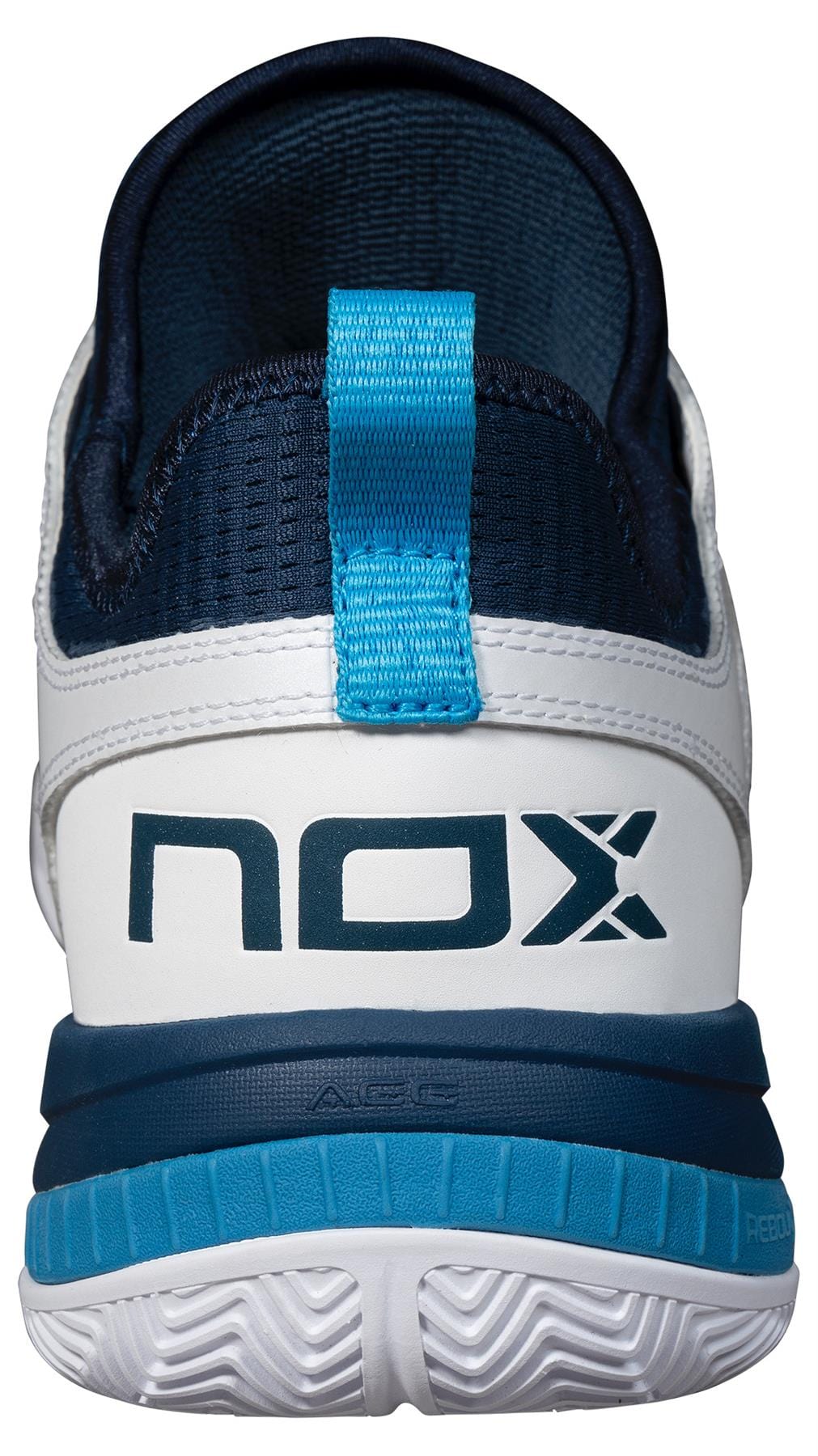 Close-up of the NOX Nerbo Mens Padel Shoes - White / Swedish Blue, showcasing a blue pull tab and bold "NOX" branding on the heel. The athletic sole features blue and white accents for comfort and performance.