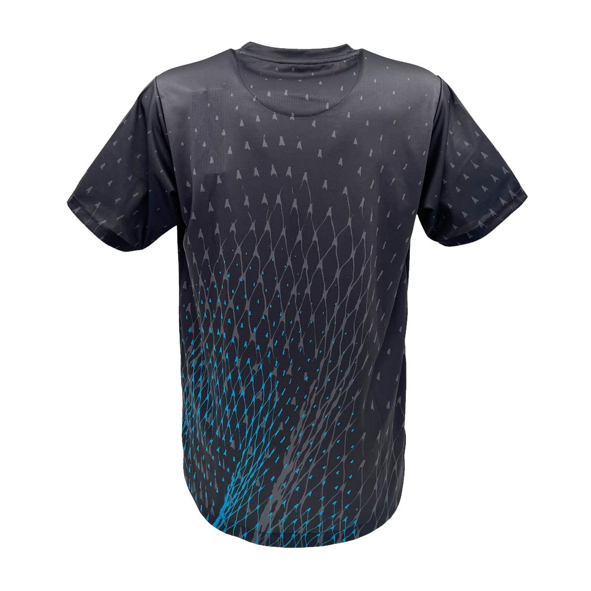The Yonex YTM6 Men's Padel T-Shirt in Shadow Black is made from moisture-wicking polyester, featuring a geometric pattern of small white triangles and blue wavy lines on the lower back, fading upward. This short-sleeved design by Yonex is ideal for casual wear.