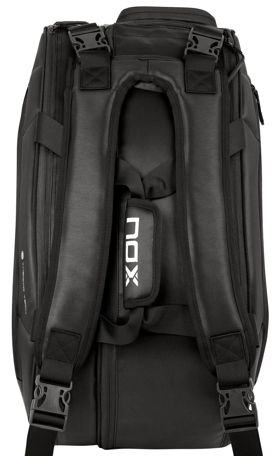 The NOX Pro Series Padel Racket Bag - Black features padded shoulder straps, adjustable buckles, and a "NOX" logo on the back strap. This bag offers large storage capacity for your gear and is part of the NOX brand collection.