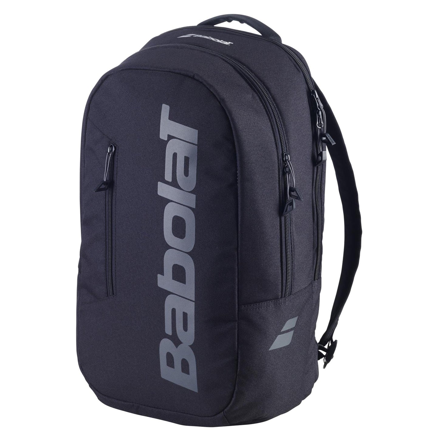 The Babolat Court Lite Padel Backpack - Black by Babolat features gray zippers, bold vertical "Babolat" branding, multiple zippered compartments including a racket compartment, and adjustable shoulder straps.