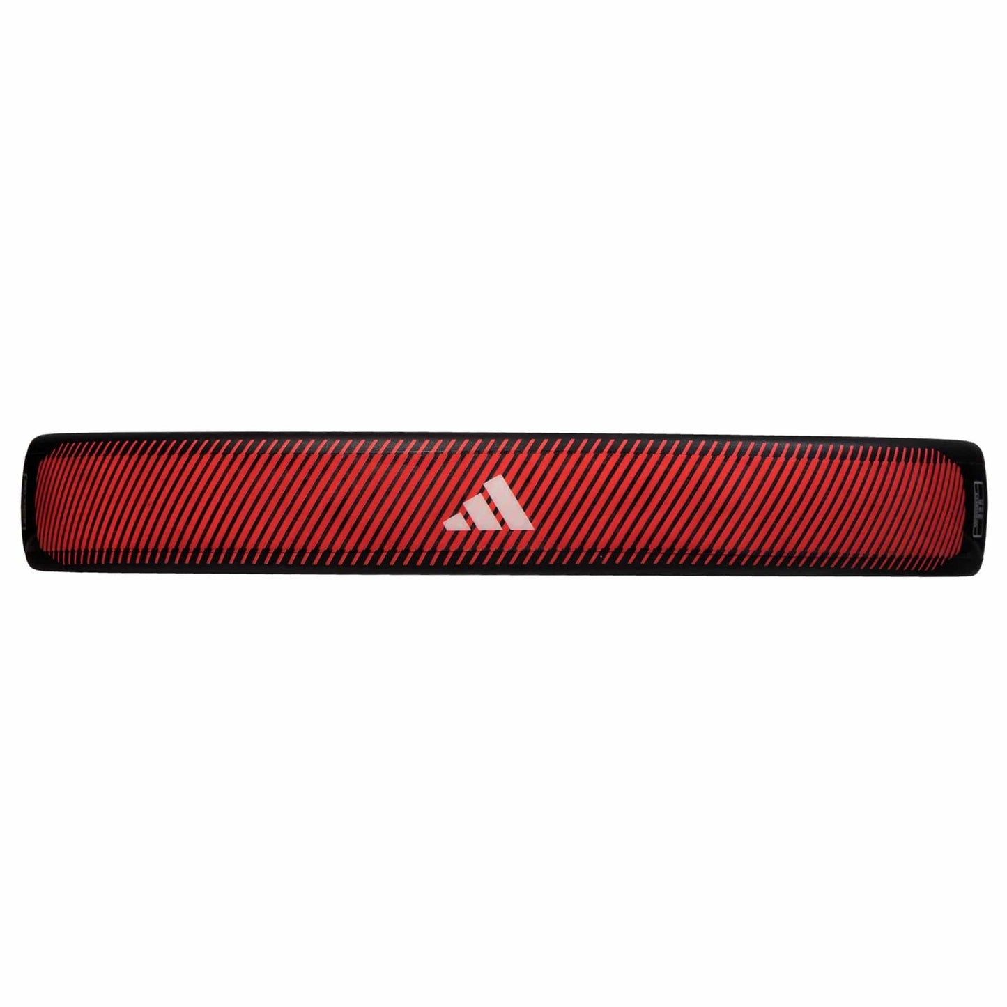 A black Adidas RX Series Light padel racket features a sleek design with a distinctive horizontal striped pattern. Its fiberglass construction ensures enhanced durability, and the Adidas logo is prominently displayed at the center.