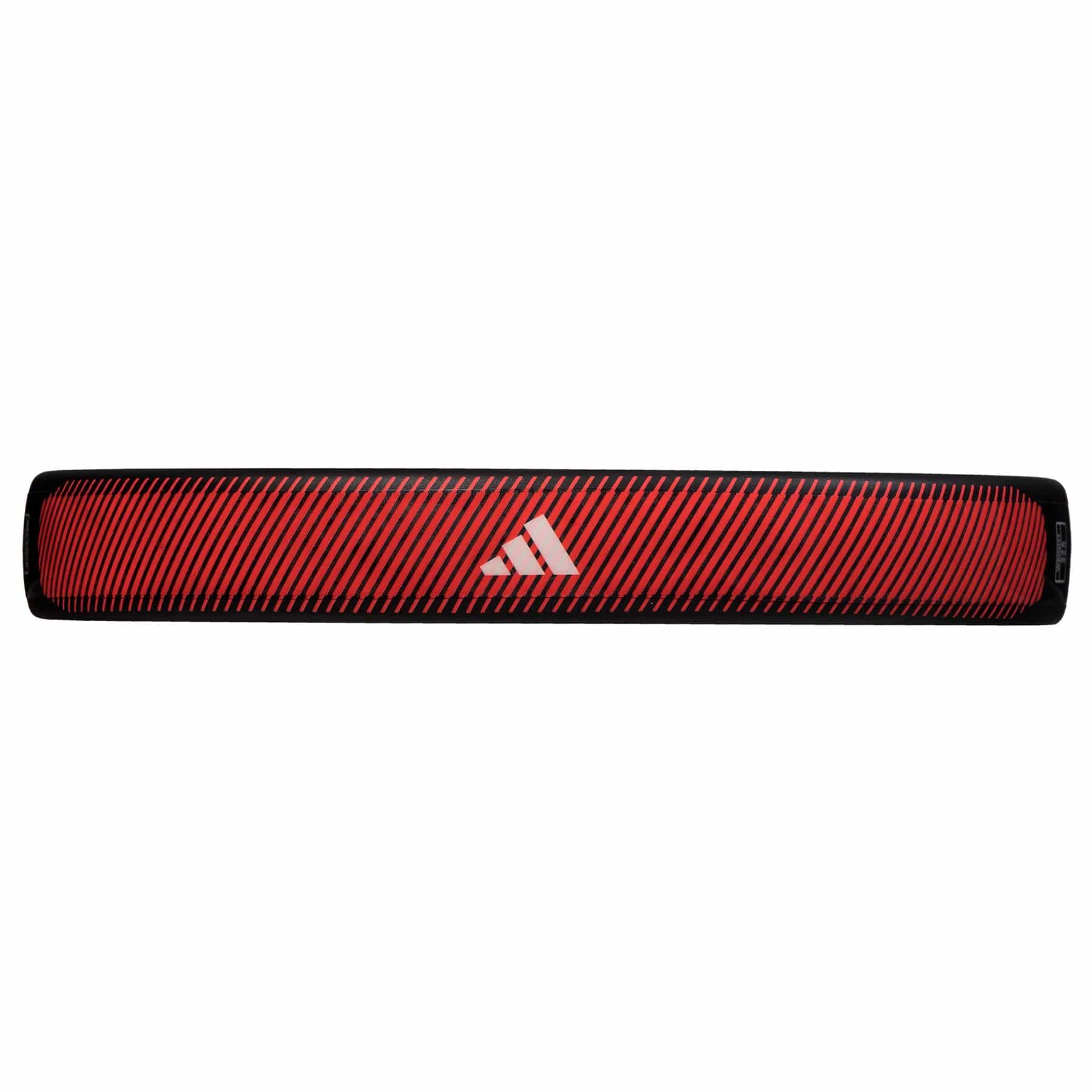 A black Adidas RX Series Light padel racket features a sleek design with a distinctive horizontal striped pattern. Its fiberglass construction ensures enhanced durability, and the Adidas logo is prominently displayed at the center.