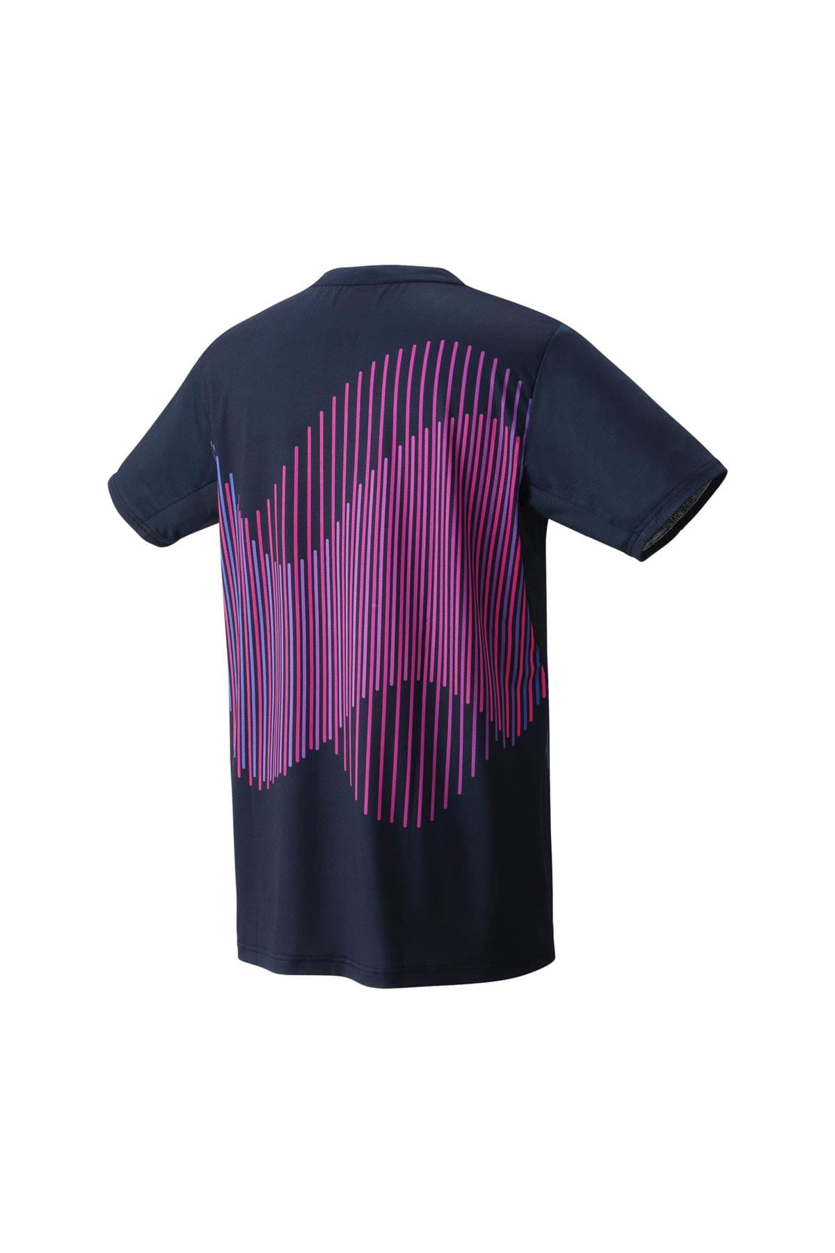 The Yonex 10562 Crew Neck Men's Padel T-Shirt in Indigo Marine features a contemporary design, adorned with wavy vertical lines in pink and purple. This abstract, rhythmic pattern is complemented by Precision Move technologies, ensuring optimal comfort and durability.