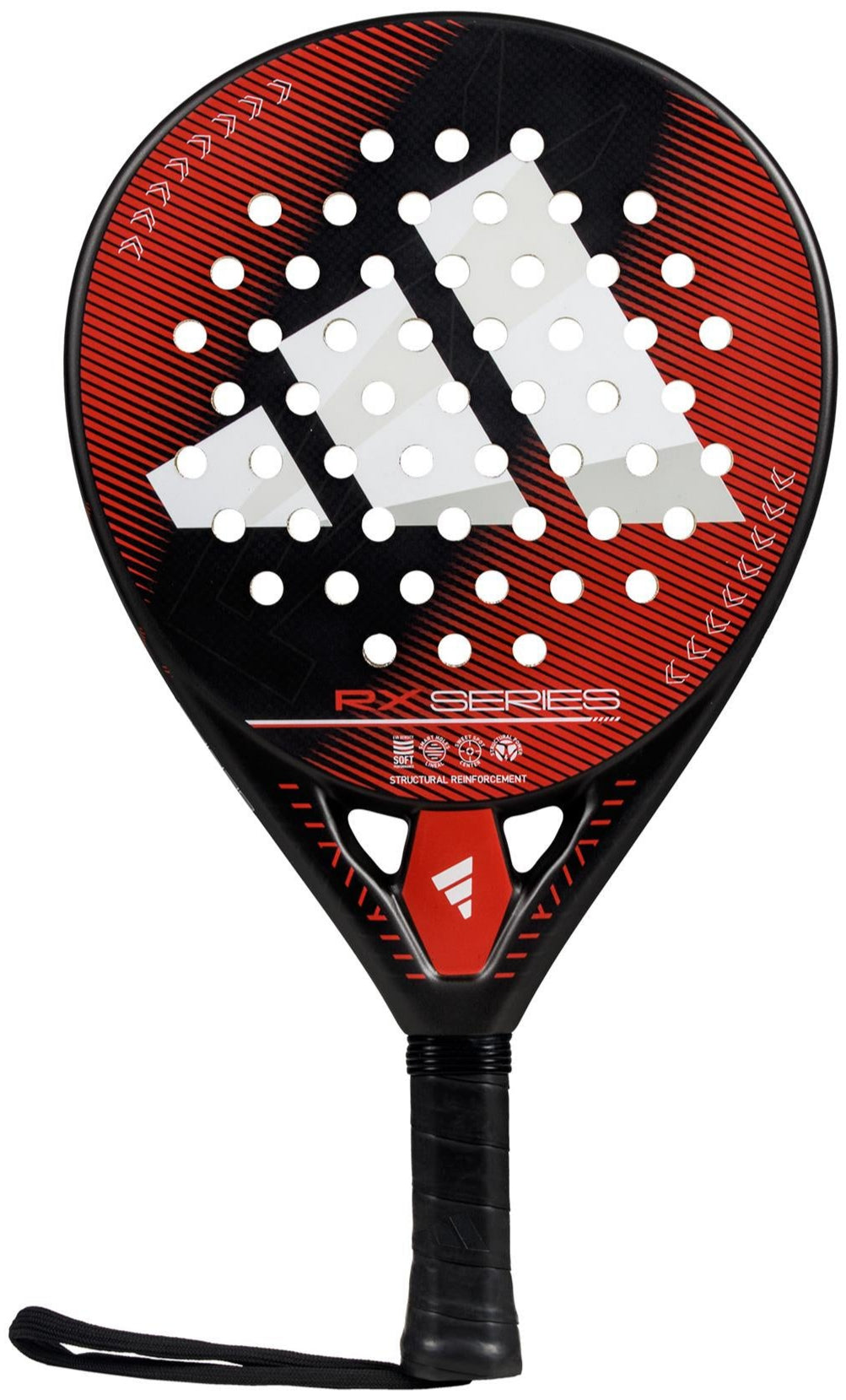 The ADIDAS RX Series Red 3.4 Padel Racket by adidas is ideal for intermediate players, featuring a black and red teardrop shape with a white logo pattern. With its perforated surface, secure black grip, and wrist strap, it ensures optimal court control.
