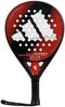 The ADIDAS RX Series Red 3.4 Padel Racket by adidas is ideal for intermediate players, featuring a black and red teardrop shape with a white logo pattern. With its perforated surface, secure black grip, and wrist strap, it ensures optimal court control.