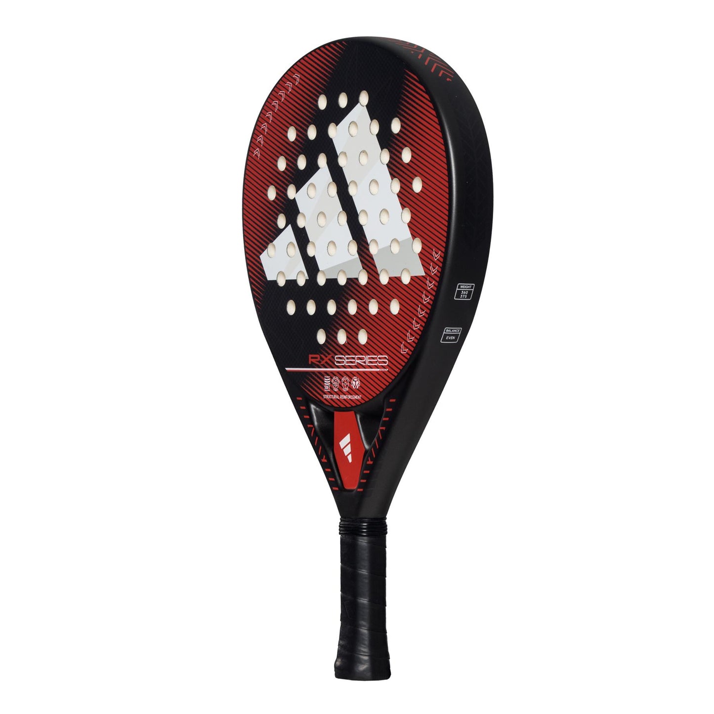 The ADIDAS RX Series Red 3.4 padel racket from adidas, ideal for intermediate players, showcases a black and red design with a central logo. It has small round holes on the surface and a black grip tape-wrapped handle for enhanced control.