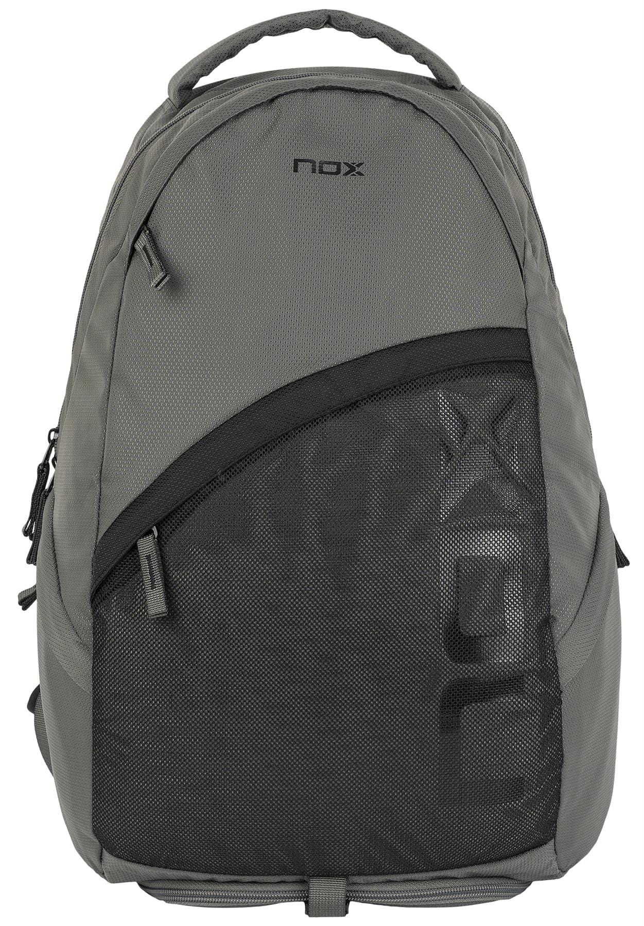 The NOX Street Series Padel Backpack - Grey by NOX features a top handle, ergonomic padded straps, two zippered front pockets, and a large black mesh front compartment. Its modern design is perfect for sports adventures.
