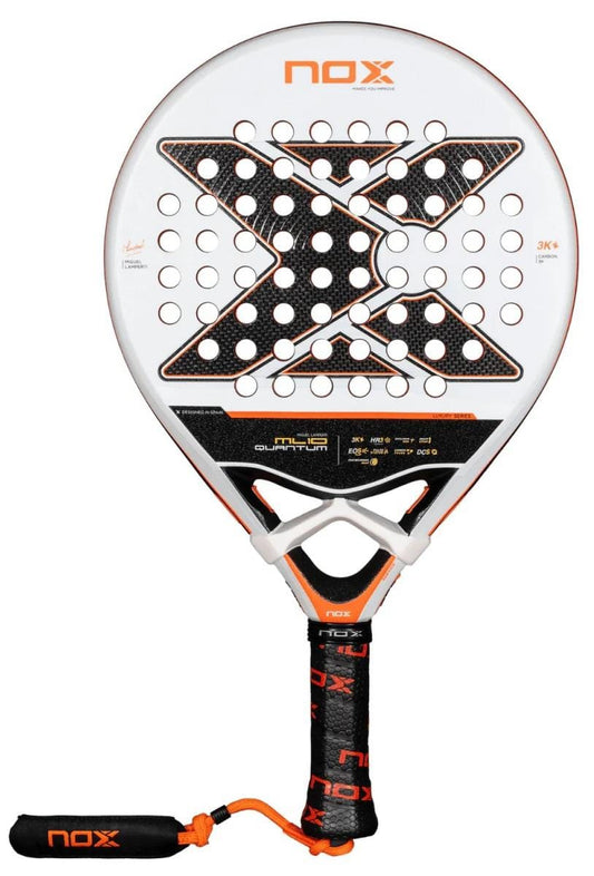 The NOX ML10 Luxury Quantum 3K By Miguel Lamperti 2025 Padel Racket features a white design with black and orange details, large X-shaped center, round holes, black grip with orange NOX branding, matching wrist strap, and HR3 rubber.