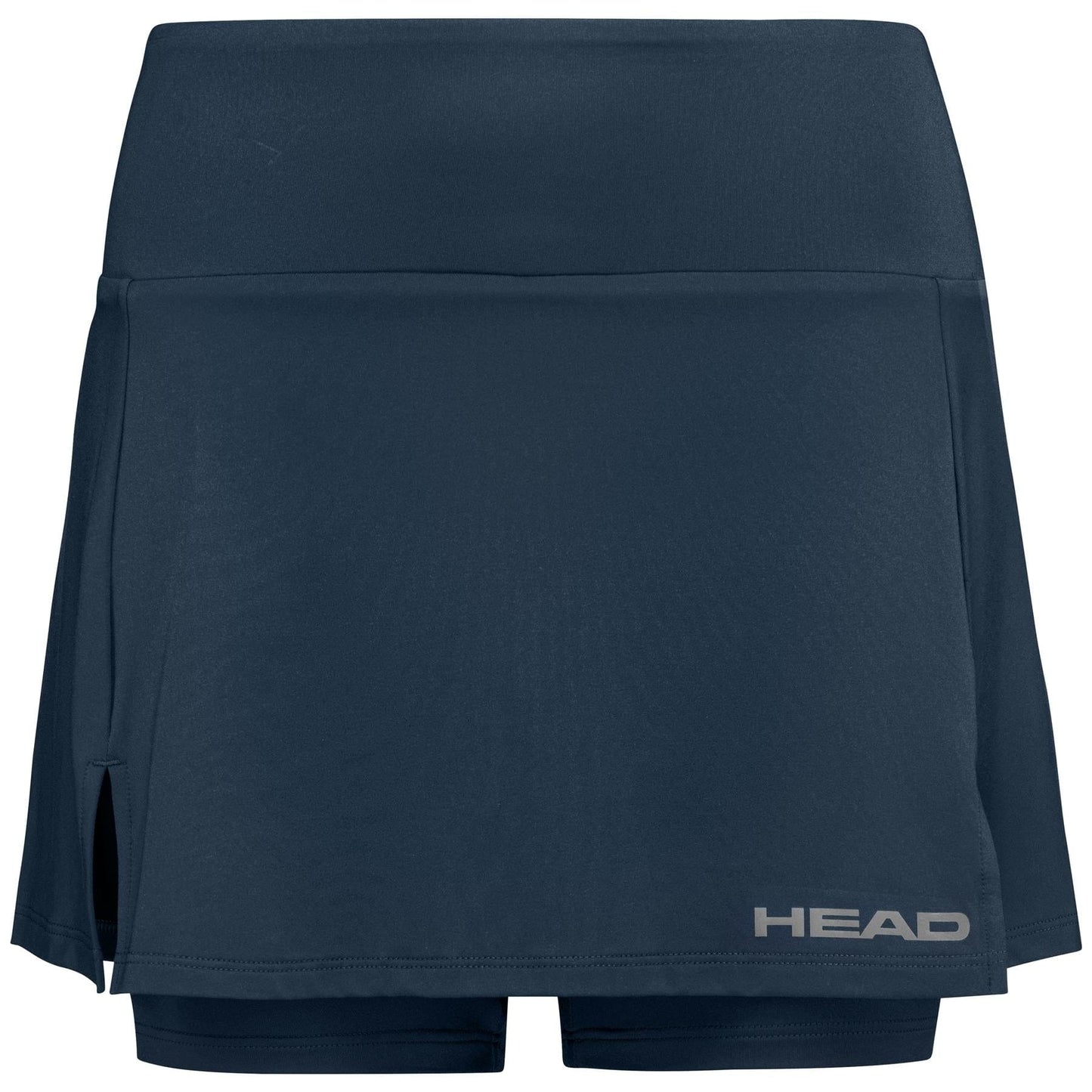 The HEAD Women's Club Basic Padel Skort in navy features built-in shorts, a side slit, and the "HEAD" logo in light gray at the bottom corner. It's crafted from moisture transfer microfibre for peak performance and comfort.