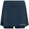 The HEAD Women's Club Basic Padel Skort in navy features built-in shorts, a side slit, and the "HEAD" logo in light gray at the bottom corner. It's crafted from moisture transfer microfibre for peak performance and comfort.