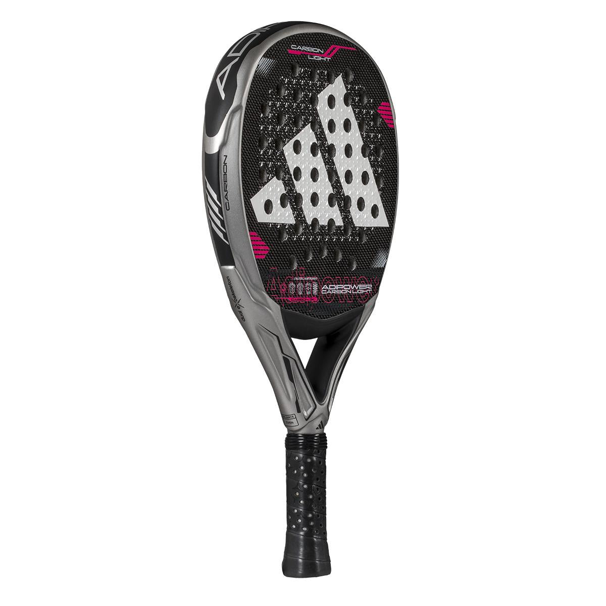 The ADIDAS Adipower Carbon Light 3.4 Padel Racket by adidas features a silver and pink design, with black grip tape on the handle. It has a perforated face, three white triangles as the logo, and is constructed with Carbon 3K Fibre and a 3D Spin Blade Mold for enhanced performance.