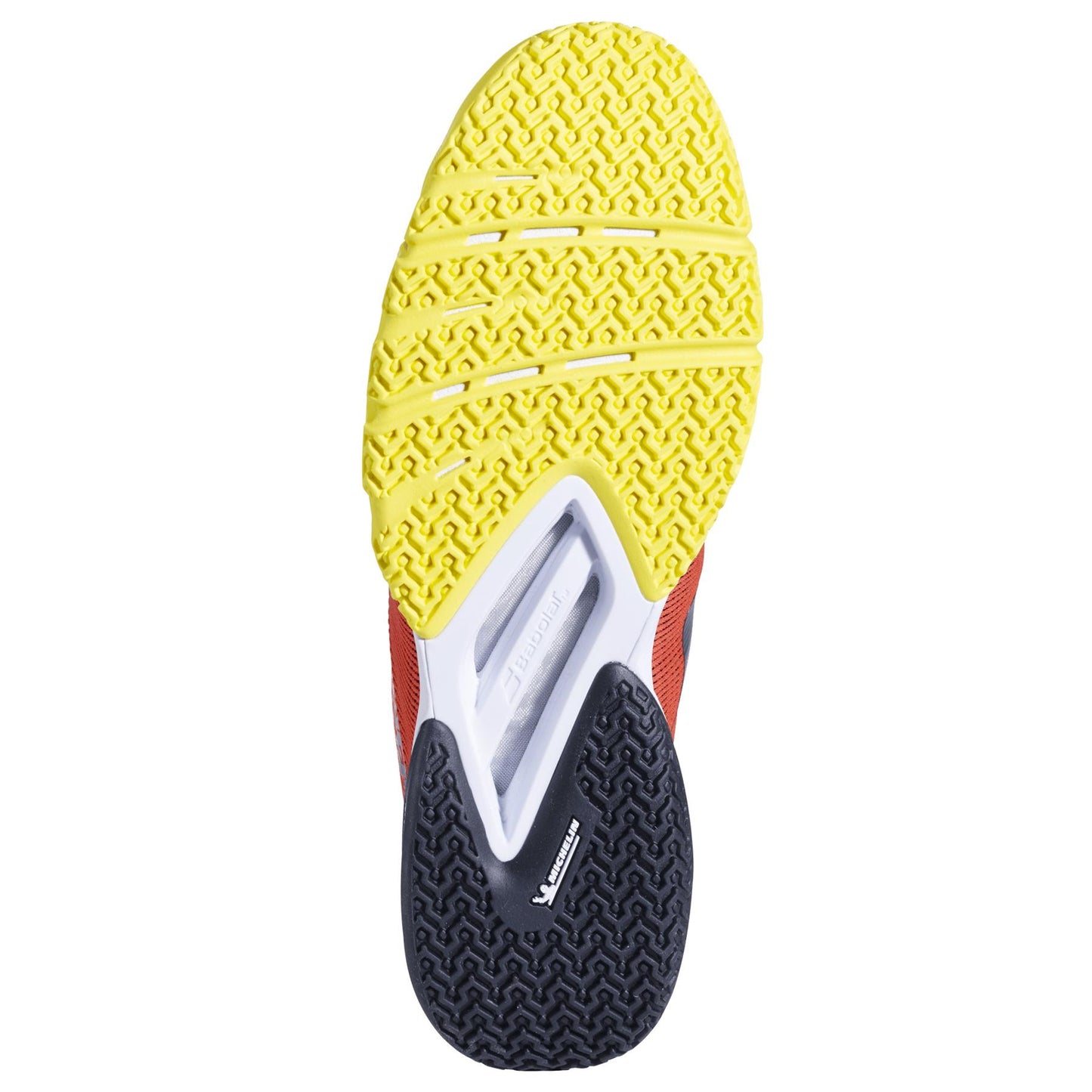 The image depicts the sole of a Babolat Jet Viva Men's Padel Shoe in Poppy Red, showcasing dynamic performance with yellow zigzag traction at the front, white and transparent support in the middle, and a black heel section. "Continental" is visible.