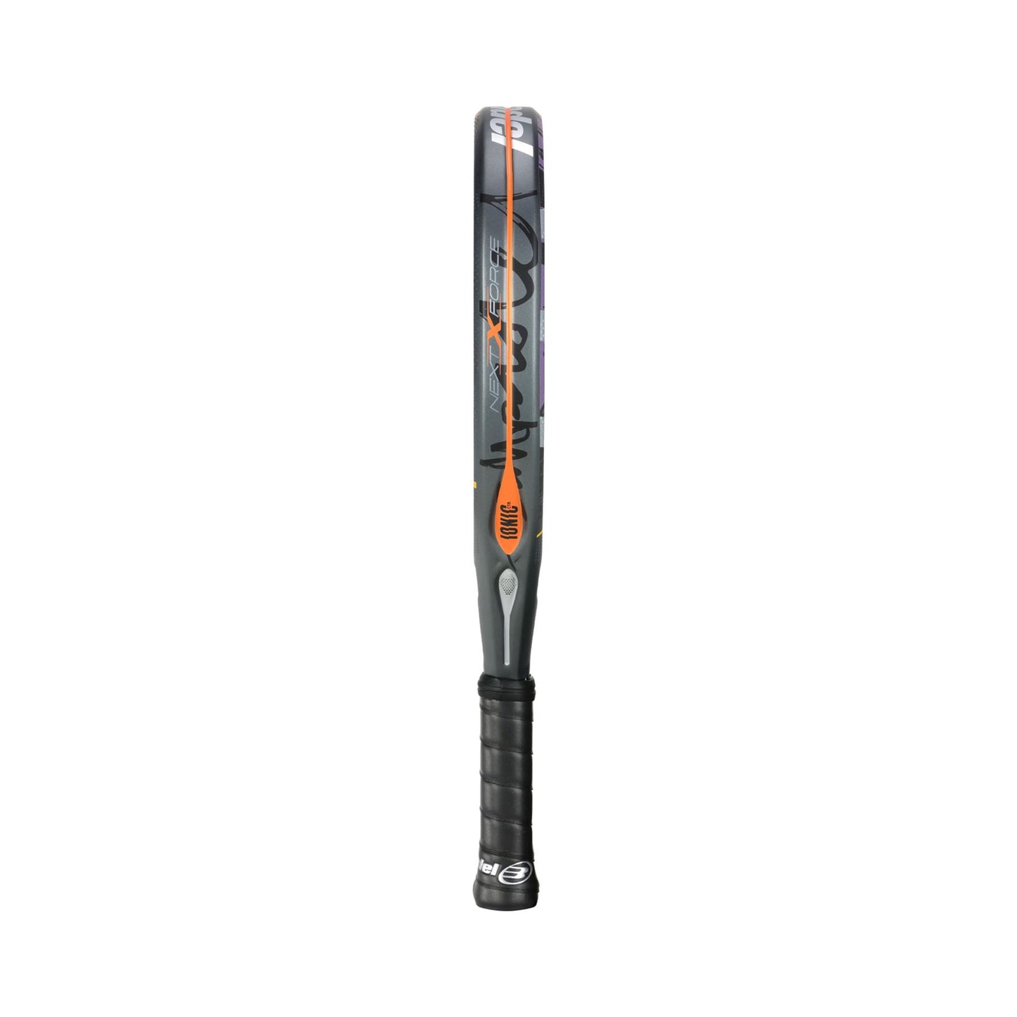A grey Bullpadel Ionic Control 2024 padel racket stands vertically against a white background, featuring a sleek carbon fiber frame with the handle wrapped in black grip tape.