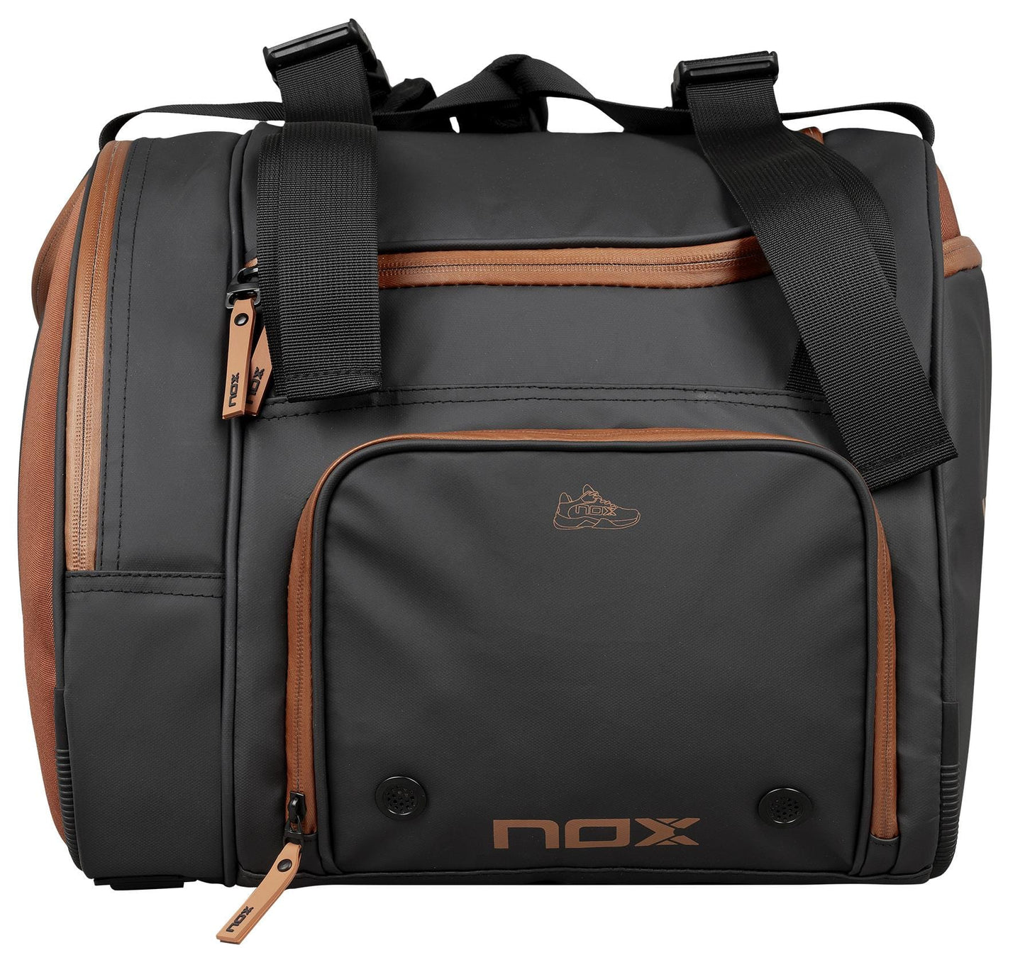 The NOX Luxury Open Series Padel Racket Bag in black and brown features multiple compartments, black shoulder straps, NOX logos on the front pocket and zippers, and a thermal compartment with advanced NOX ThermoTech technology.