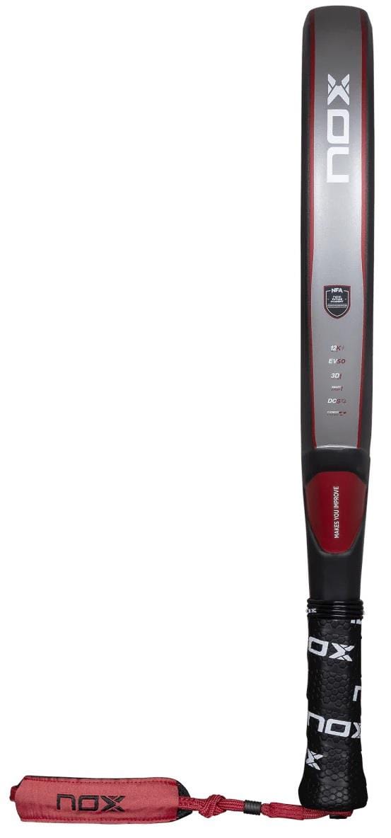 A close-up of the NOX NFA Future Attack 12K Alum Padel Racket in black and red, showing the side profile, handle with black grip, red wrist strap, and visible Carbon Alum 12K construction.