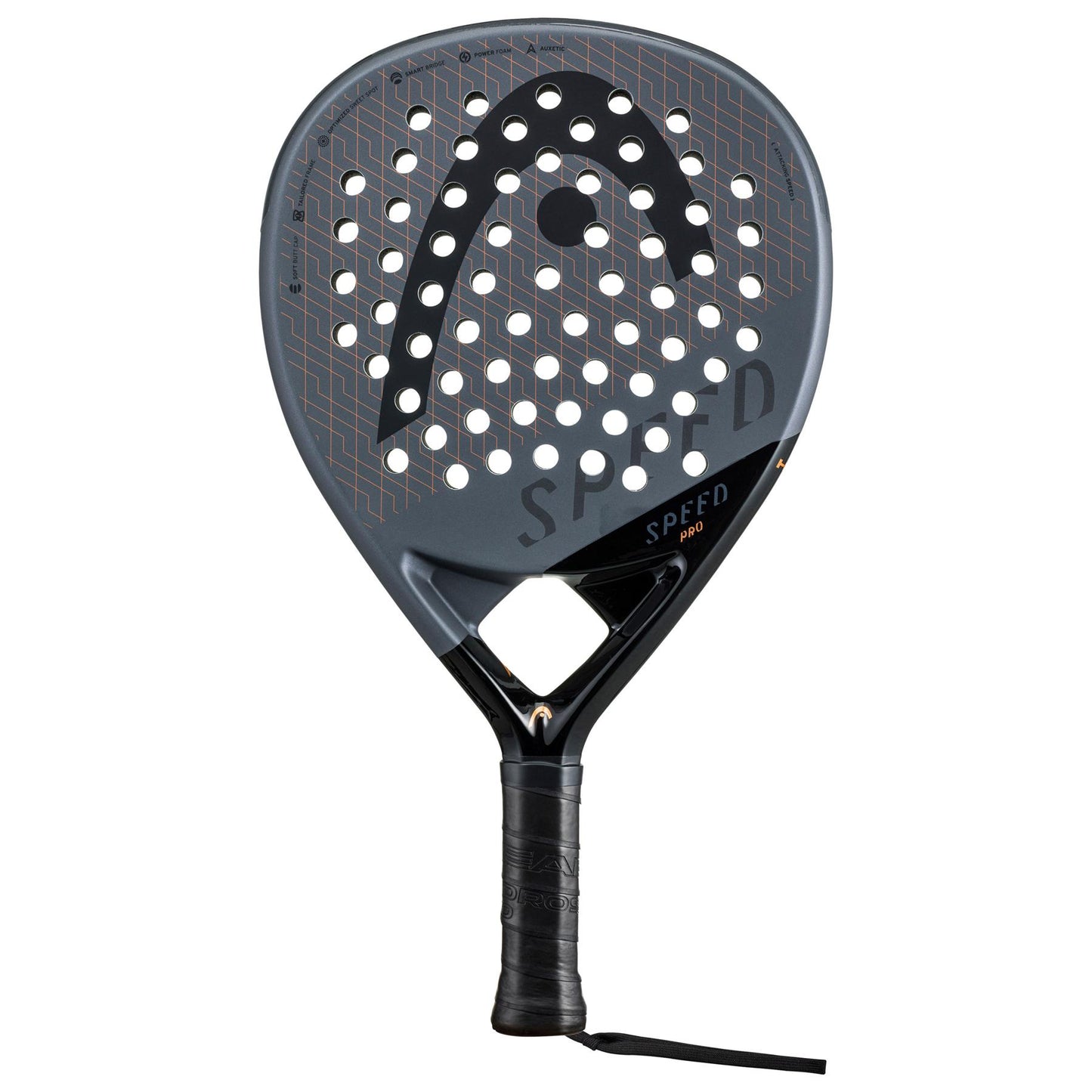 The HEAD Speed Pro 2023 Padel Racket - Black showcases a stylish black and gray design specifically tailored for advanced players. It incorporates cutting-edge Auxetic technology and contains numerous round perforations on the face. The handle is wrapped in black grip tape, with "Speed Pro" elegantly printed on the lower part of the racket head.