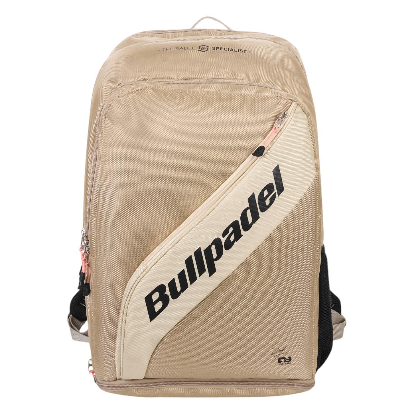 The Bullpadel Vertex 25 Padel Backpack - Stone, designed for the Vertex Padel Racket, features a diagonal front zipper pocket with bold black lettering, side mesh pockets, adjustable shoulder straps, and a reinforced thermo-lined compartment for superior gear protection.