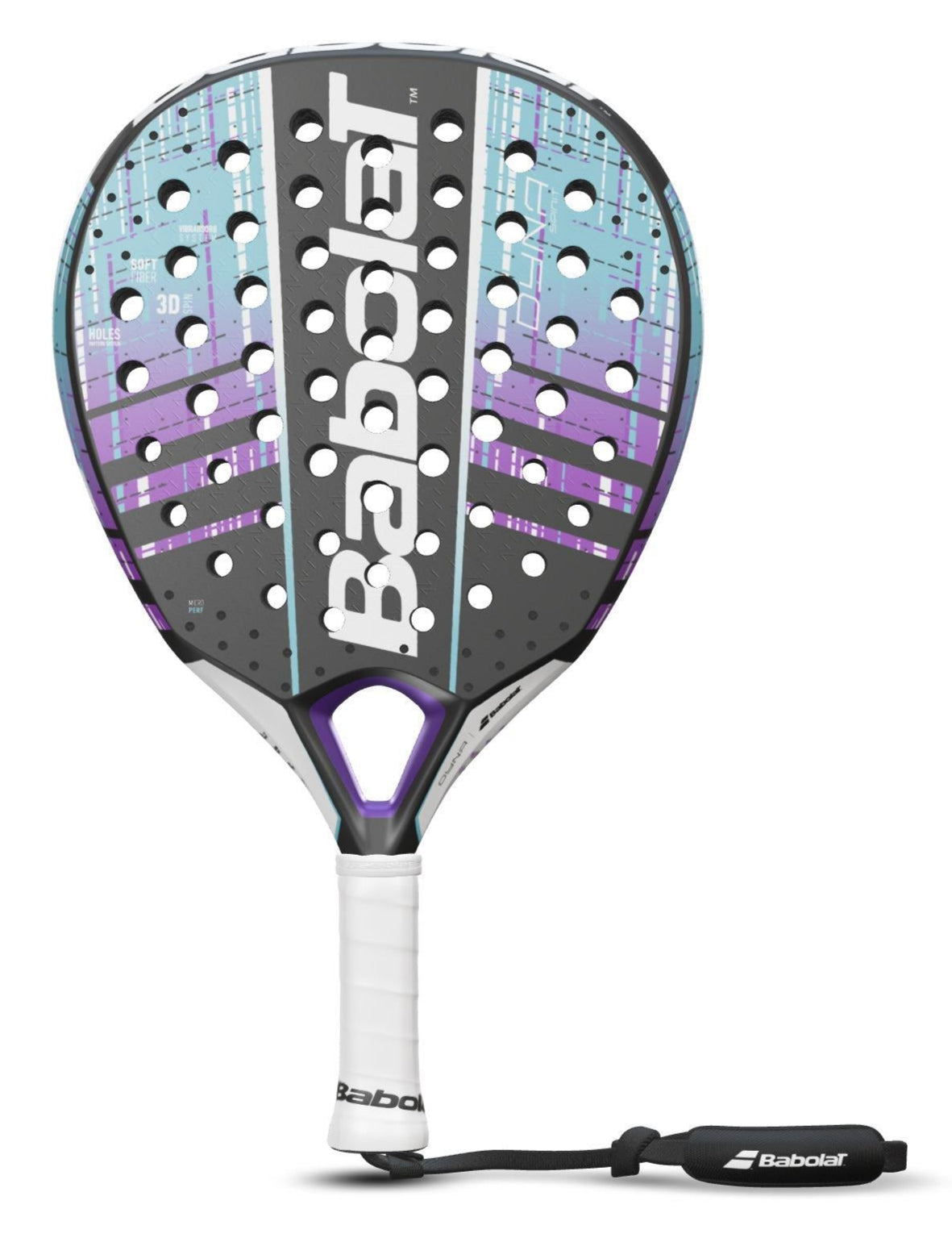 The Babolat Dyna Spirit Padel Racket in black and purple features a striking teardrop headshape with enhanced 3D Spin capabilities. It includes a white grip and black wrist strap, while the brand name "Babolat" is prominently displayed across the center of the racket face, which showcases a geometric design with perforations.