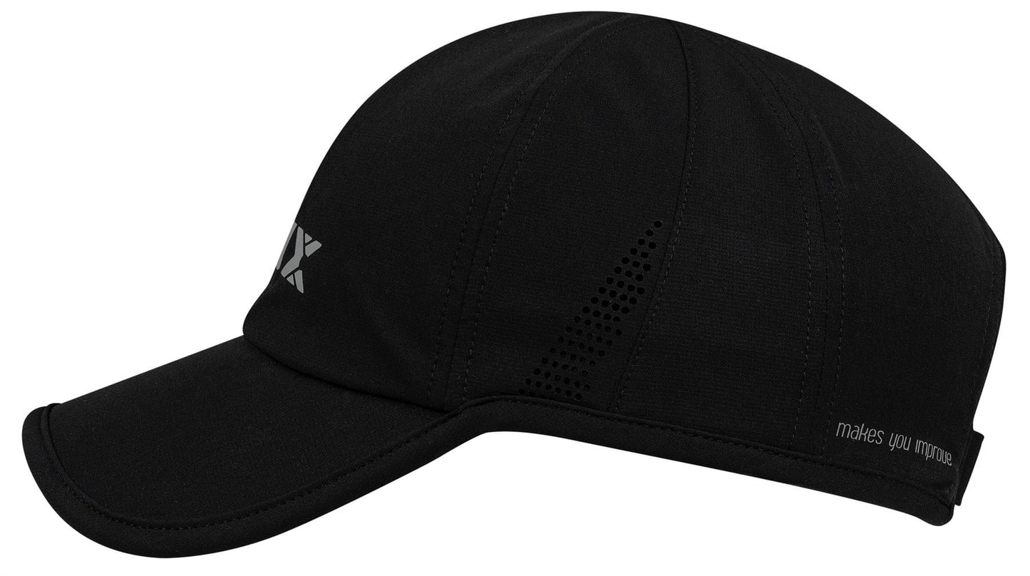 The NOX Padel Cap - Black / White by NOX features a curved brim, ventilated side panels, a small reflective logo on the front left, and "makes you move" printed near the back. It offers sun protection and an adjustable fit for comfort.