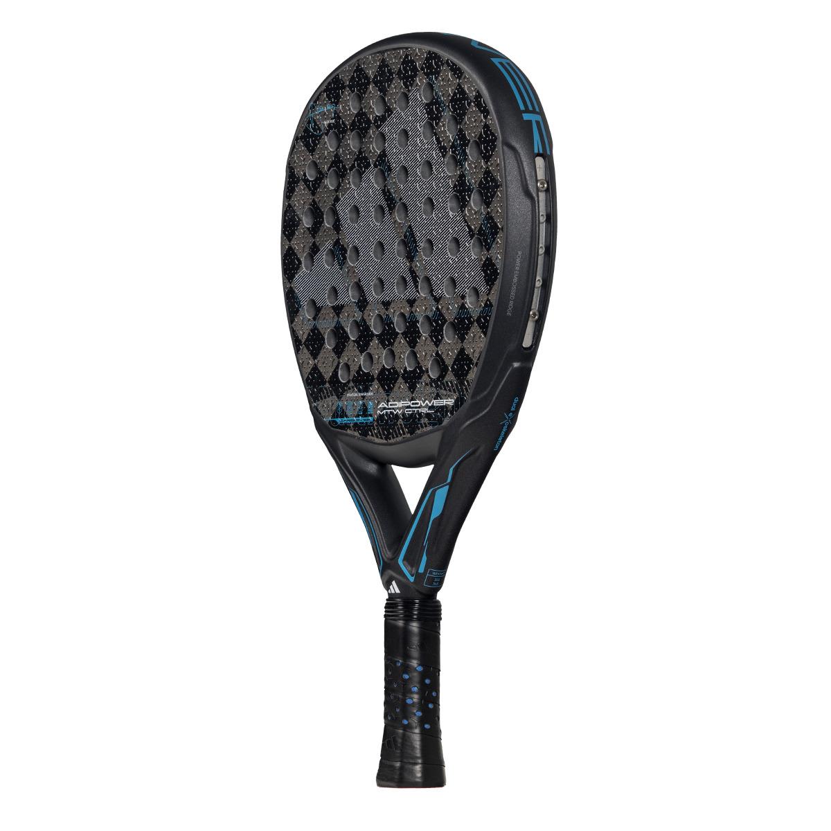 The adidas ADIDAS Adipower Multiweight CTRL 3.4 Padel Racket, inspired by Álex Ruiz, showcases a sleek black and blue design with a glossy finish, circular holes for optimal performance on its patterned face, and a matching black grip with blue accents on the handle.