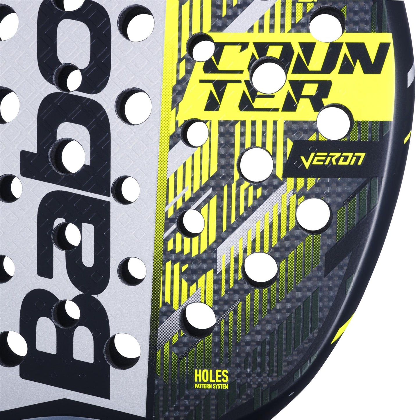 The Babolat Counter Veron 2.5 Padel Racket in black and yellow features a white grip, Carbon Flex design with circular holes, and a digital pattern showcasing its "Holes Pattern System" for dynamic power.